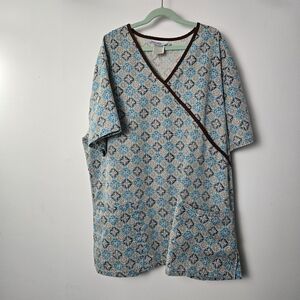 SB Scrubs Light Blue Patterned Wrap Dress with Brown Trim